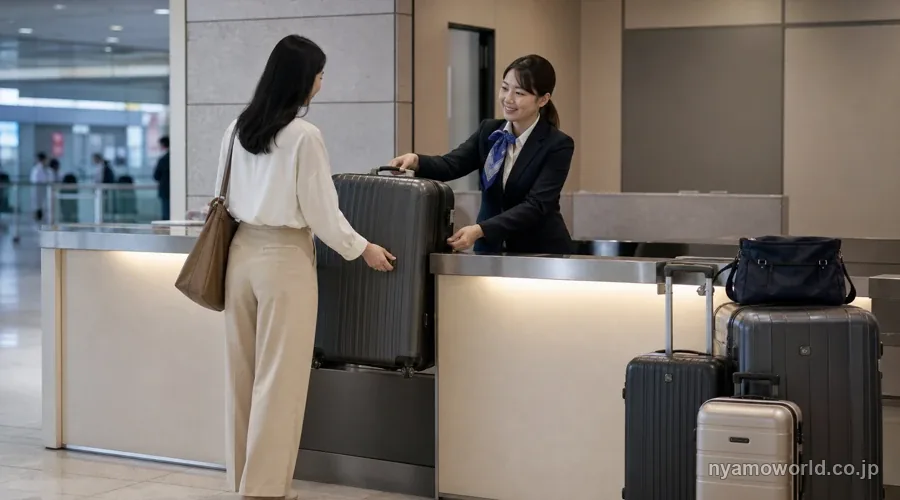 空港の手荷物宅配サービスカウンターでスーツケースを預けるシーン