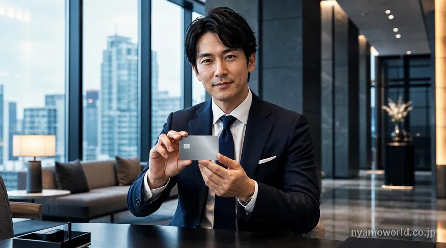 洗練されたビジネスシーンでメタルカードを持つビジネスパーソン