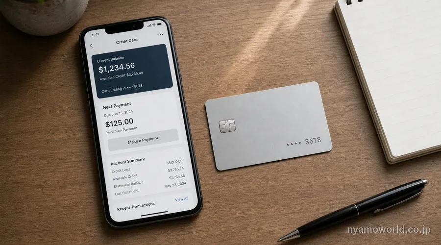 デスクに置かれたスマートフォンとクレジットカード、メモ帳で支払日を確認する場面