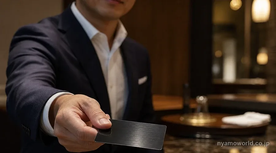 高級店でメタル製クレジットカードを手にする日本人のステータスシーン