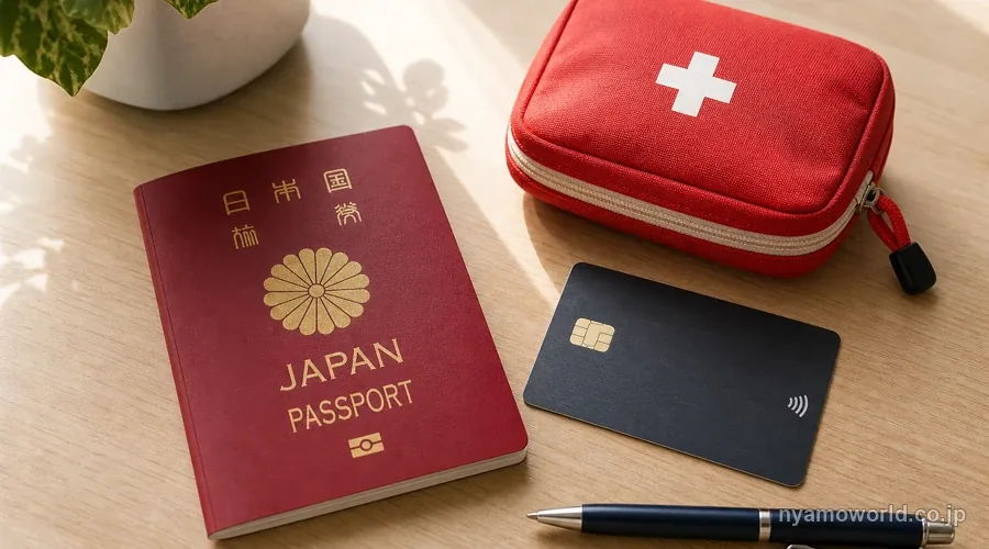 日本の赤いパスポート(金の菊紋)・汎用黒カード・救急ポーチ・ペンを机に並べたフラットレイ。旅行保険・備えの安心感を表す俯瞰構図
