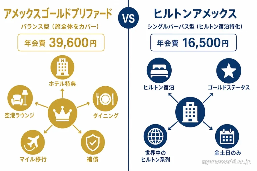アメックスゴールドプリファード（バランス型）とヒルトンアメックス（シングルパーパス型）の設計思想を対比する図解
