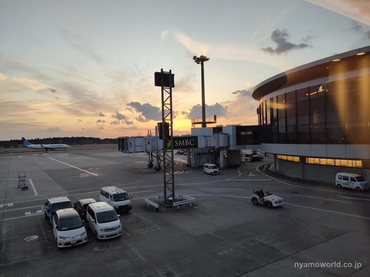 夕暮れの成田空港の駐機場とターミナルの眺め