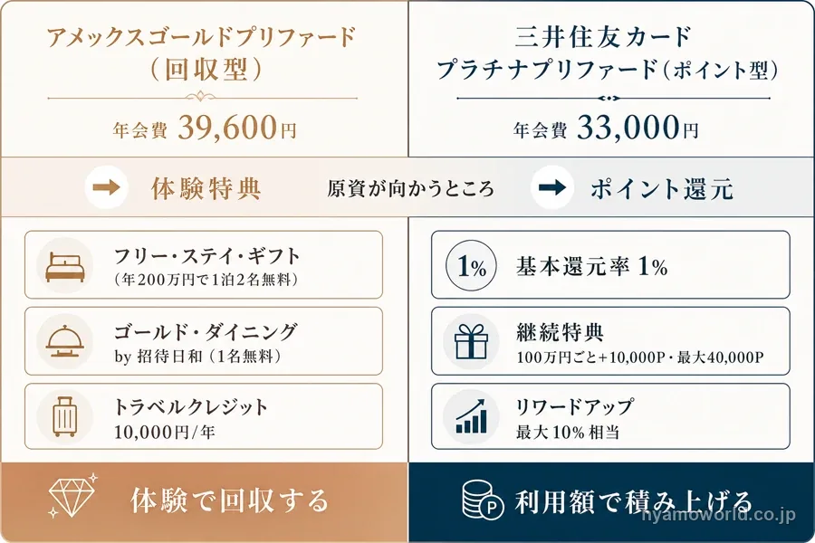 アメックスゴールドプリファード(回収型)と三井住友カード プラチナプリファード(ポイント型)の設計思想を対比した図解
