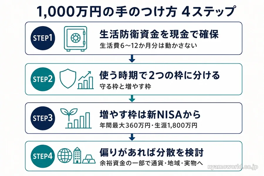 1,000万円の資産運用に手をつける順番を4ステップで示した図解
