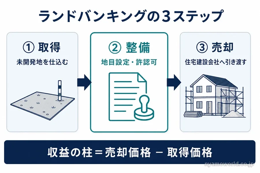 ランドバンキングの3ステップ(未開発地の取得・許認可の整備・開発事業者への売却)を示す図解