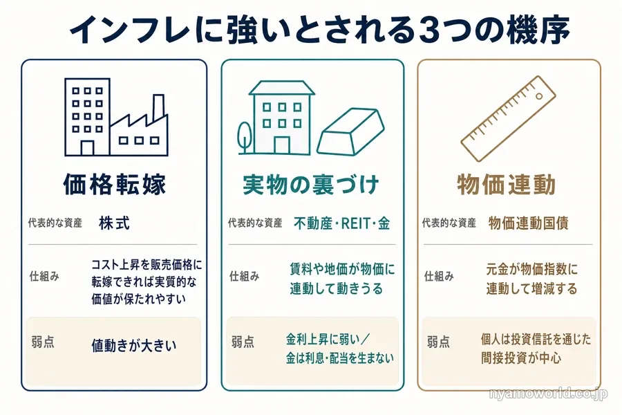 インフレに強いとされる3つの機序と、それぞれの弱点を示す図解