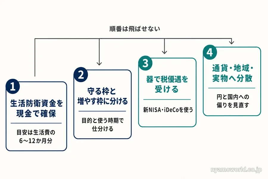 資産配分を見直す4ステップの順番を示す図解
