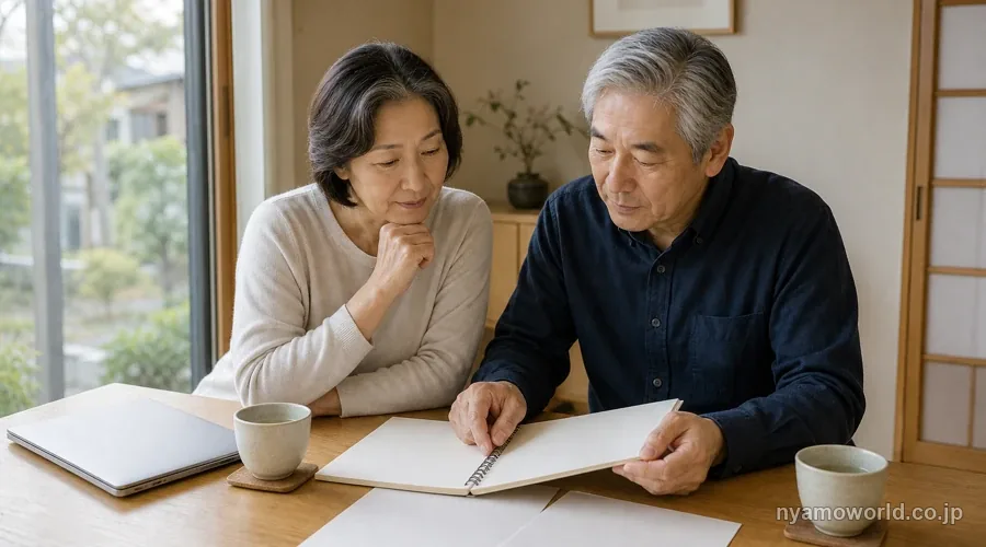 自宅でこれからの資産の置き方を話し合う50代夫婦のイメージ