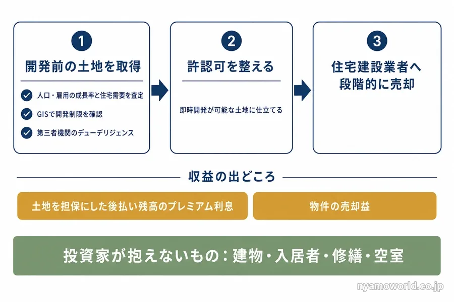 ランドバンキング型の仕組みを示す図解。開発前の土地を取得し許認可を整えて住宅建設業者へ段階的に売却する流れと、投資家が建物・入居者・修繕・空室を抱えない構造