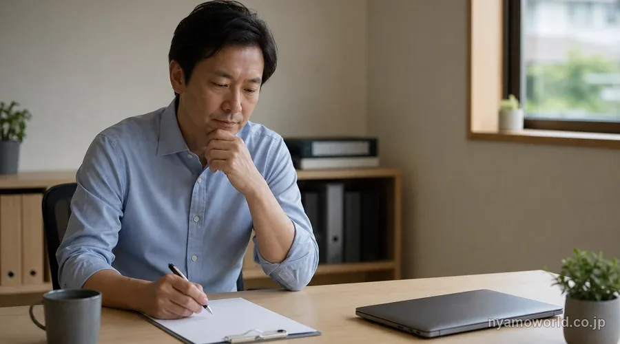 オフィスで会社と個人のお金の置き方を考える経営者のイメージ