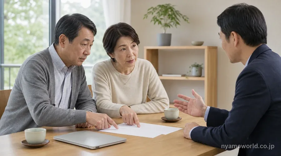資料を前にアドバイザーと落ち着いて相談する夫婦のイメージ