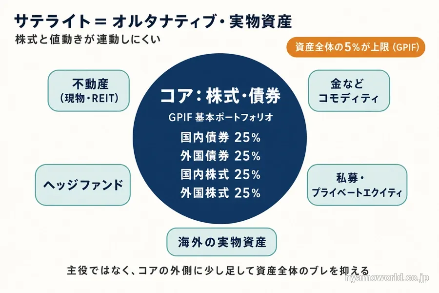 株式・債券のコアの外側に少量のオルタナティブ・実物資産を足す構造を示した図解