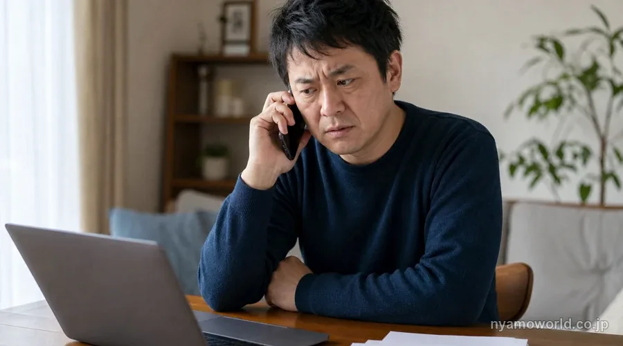 自宅で投資用不動産の電話勧誘を受けて戸惑う男性