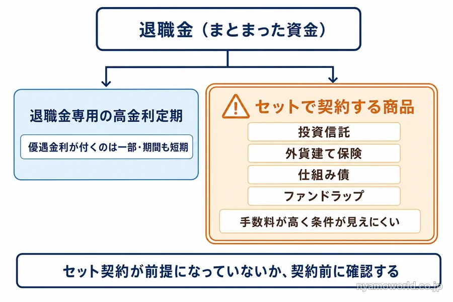 退職金専用の高金利定期と手数料の高い商品がセットで契約される構造を示す図解