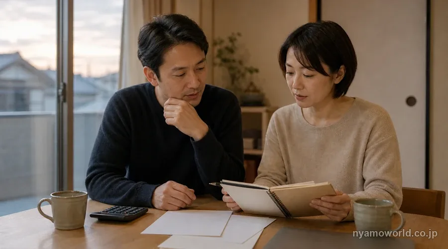 自宅で資産の目的と使う時期を話し合う夫婦のイメージ