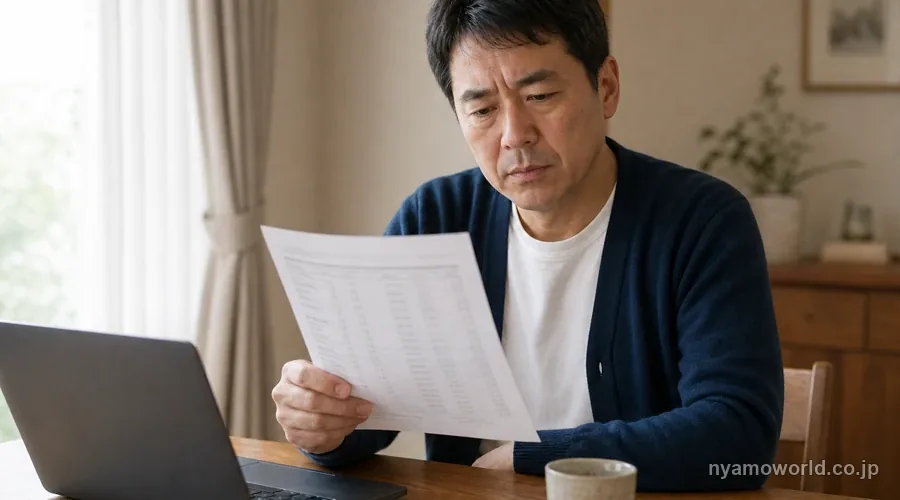 自宅で投資信託の分配金の明細を確認する男性