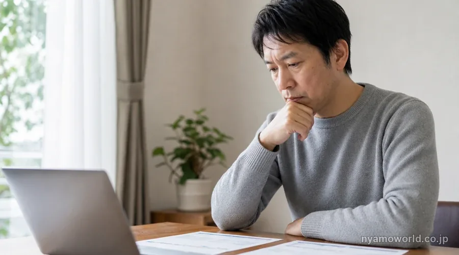 自宅で投資信託の為替ヘッジあり・なしを見比べる男性