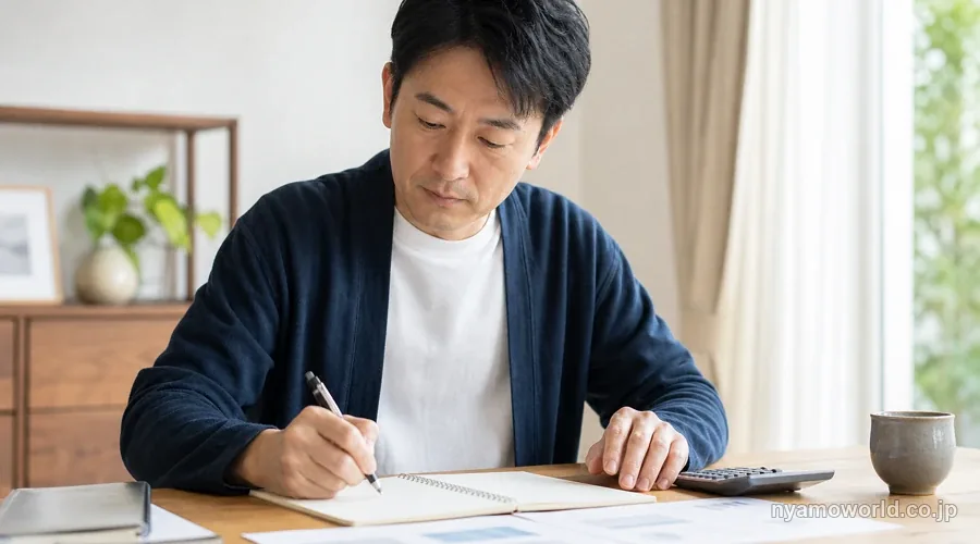 自宅のデスクで目標の月収と必要な元本を書き出して考える日本人男性