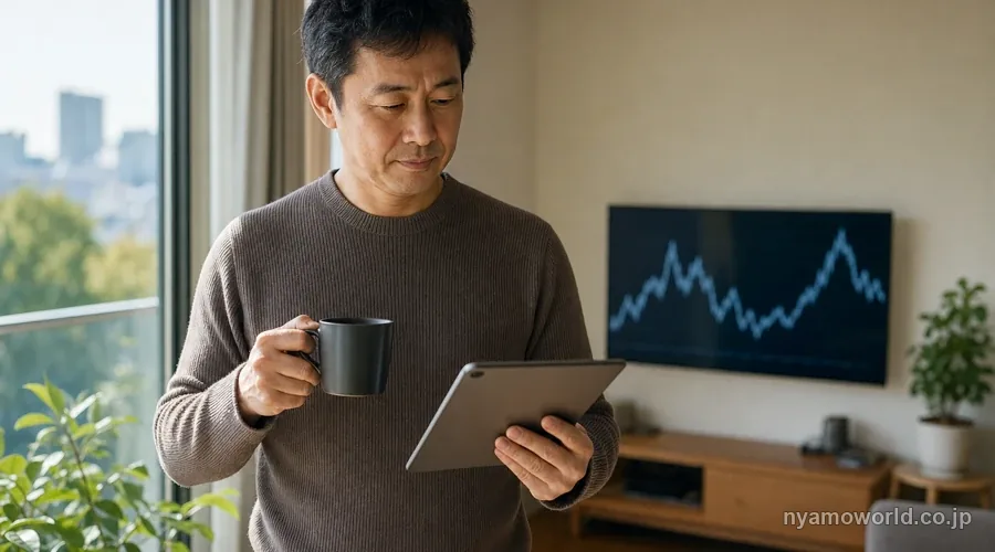 円安のニュースを見て円とドルの資産配分を考える日本人男性