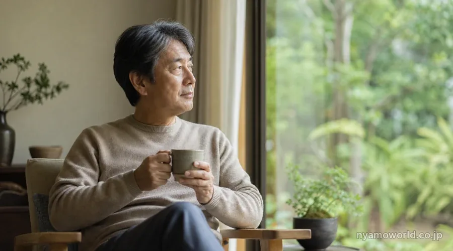 自宅の窓辺で退職後のお金の置き方を落ち着いて考える男性