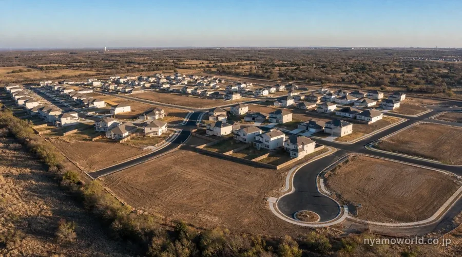 米国郊外で造成・建設が進む新築戸建住宅地の空撮イメージ