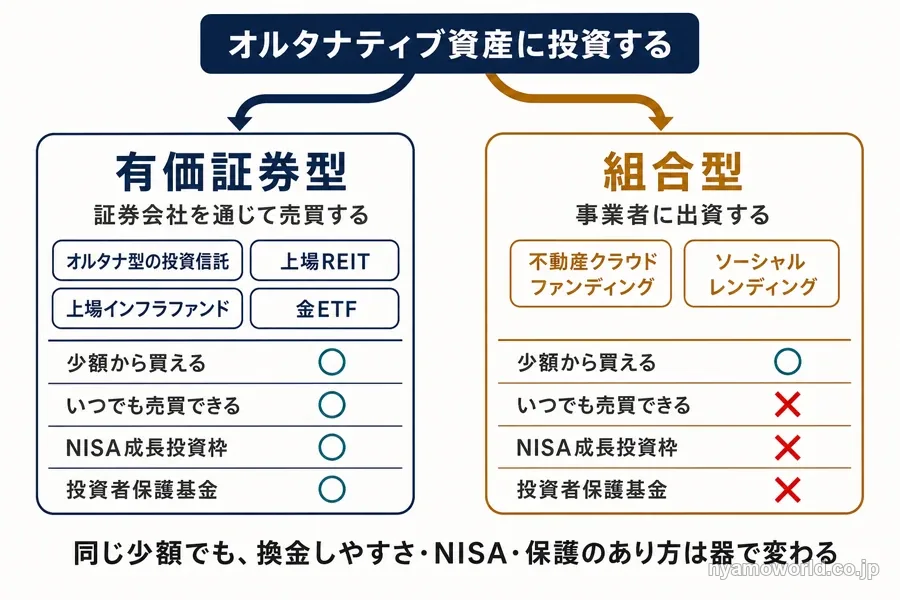 個人が使えるオルタナティブ投資の器が有価証券型と組合型に分かれ、換金しやすさ・NISA・投資者保護の可否が変わることを示した図解
