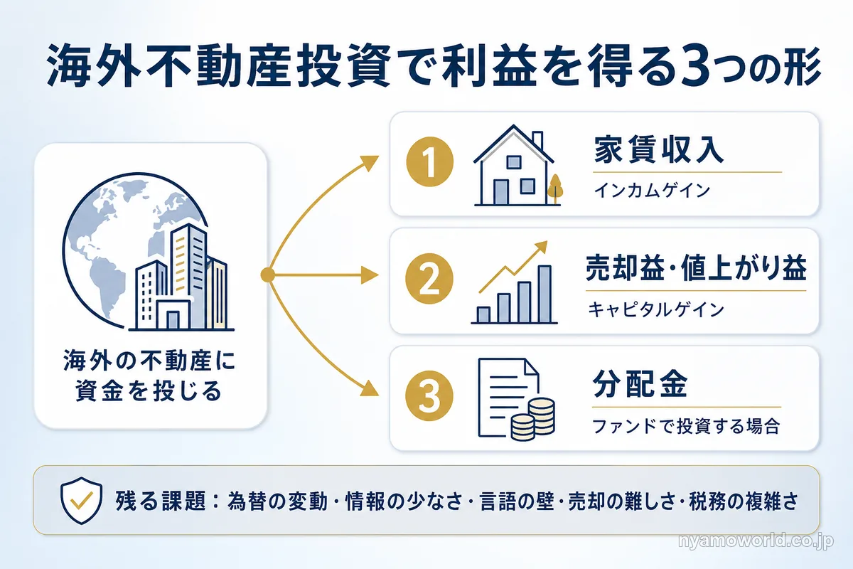 海外不動産投資で利益を得る3つの形（家賃収入・売却益や値上がり益・ファンドの分配金）と残る課題の図解