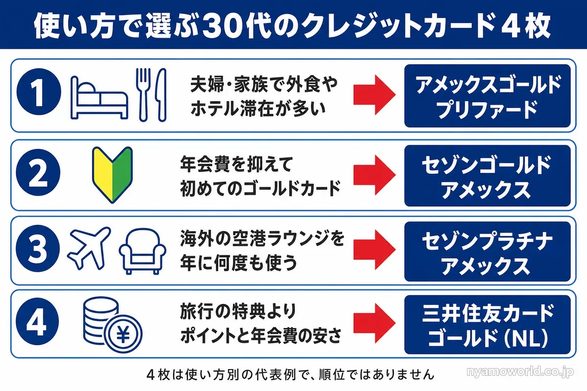 使い方で選ぶ30代のクレジットカード4枚の図解