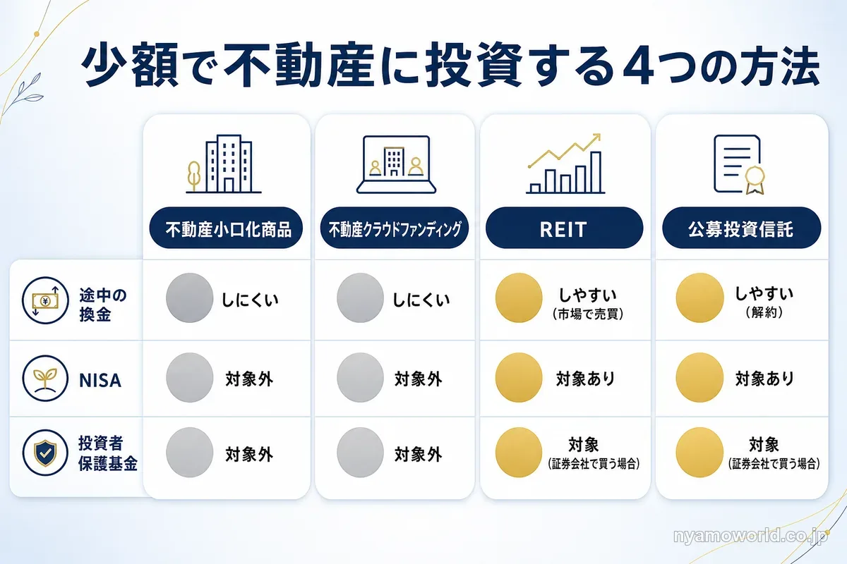 不動産小口化商品・不動産クラウドファンディング・REIT・公募投資信託の比較