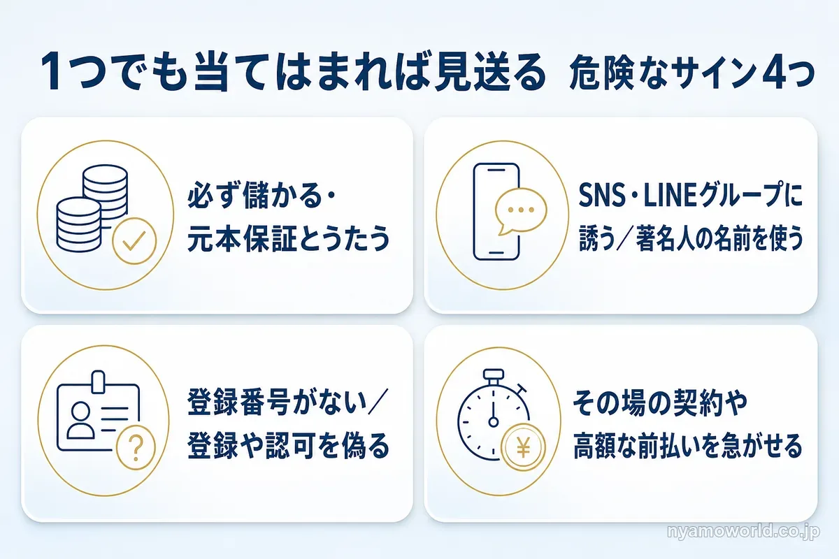 投資セミナー・投資詐欺の危険なサイン4つの図