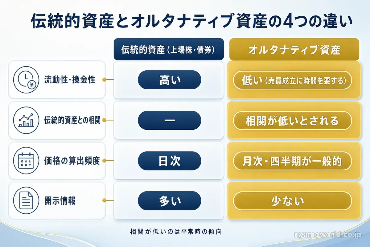 伝統的資産とオルタナティブ資産を流動性・相関・価格の算出頻度・開示情報の4つで比べた図解