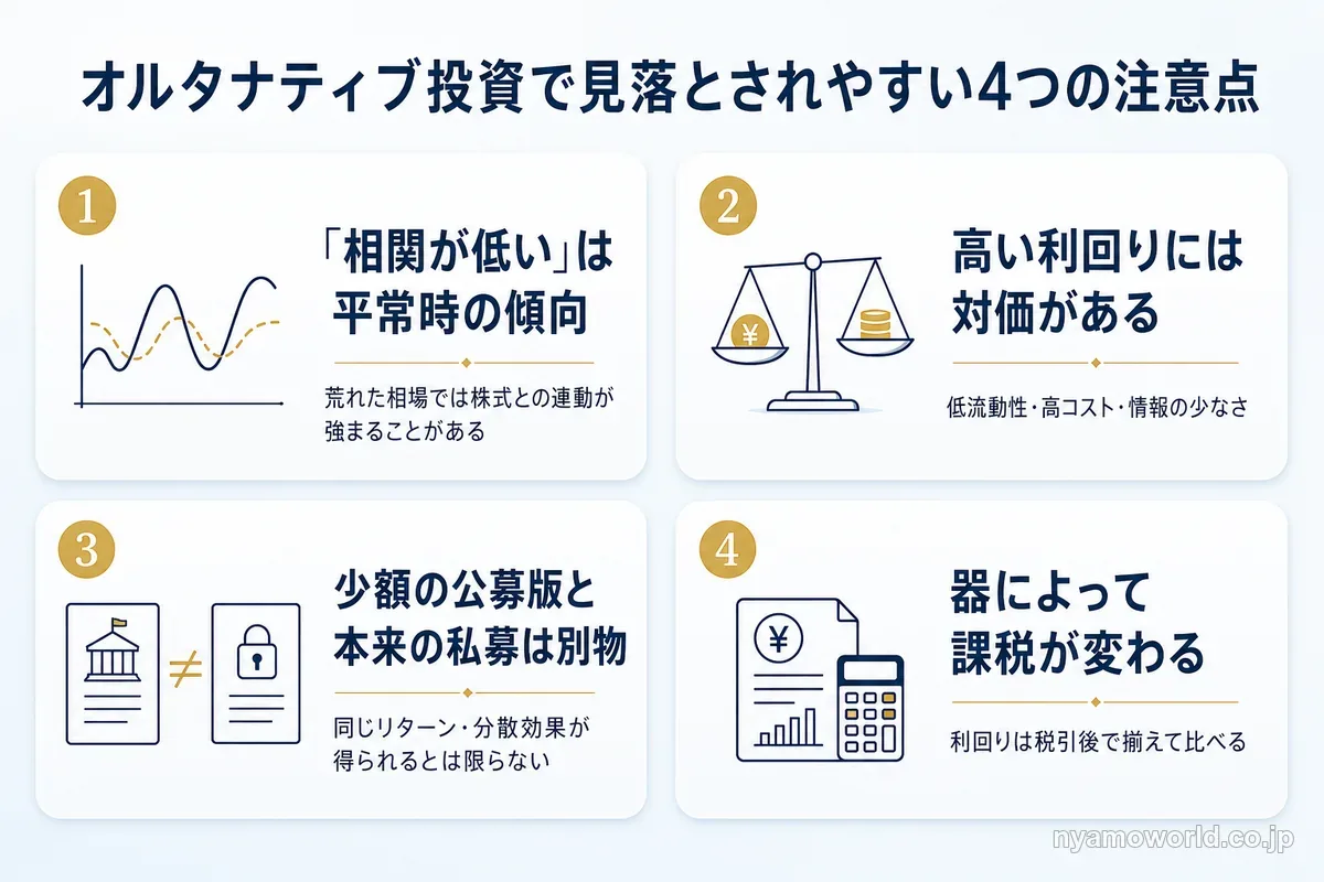 オルタナティブ投資で見落とされやすい4つの注意点(相関・利回りの対価・公募版と私募の違い・器ごとの課税)をまとめた図解