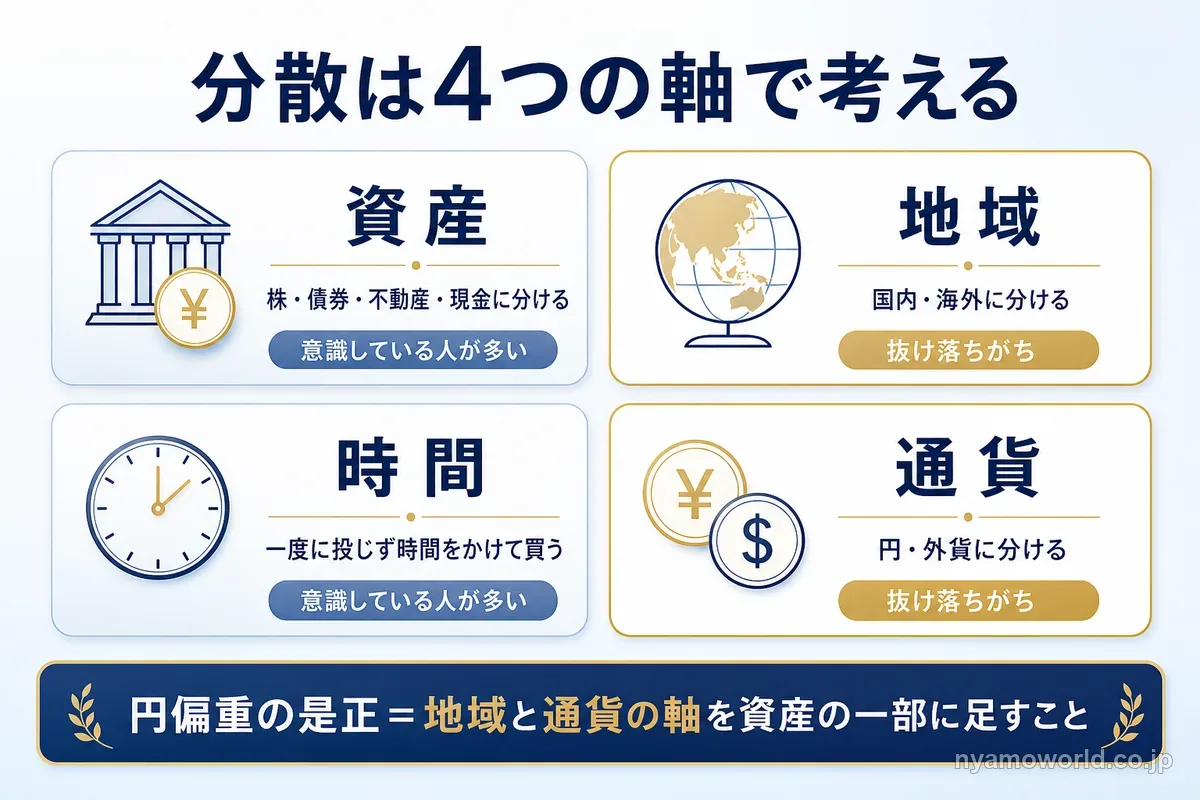 分散を資産・地域・時間・通貨の4つの軸で考え、地域と通貨が抜け落ちがちなことを示す図解