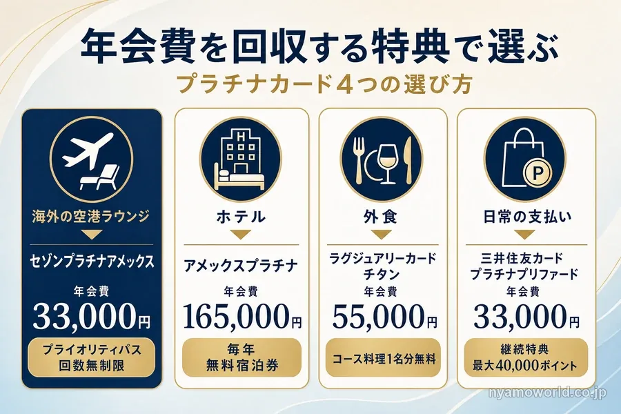 年会費を回収する特典で選ぶプラチナカード4枚(空港ラウンジ・ホテル・外食・日常の支払い)の図解