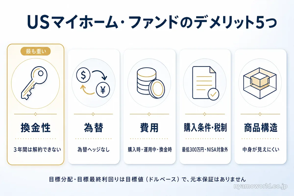 USマイホーム・ファンドのデメリット5つ(換金性・為替・費用・購入条件と税制・商品構造)を並べ、換金性が最も重いことを示した図