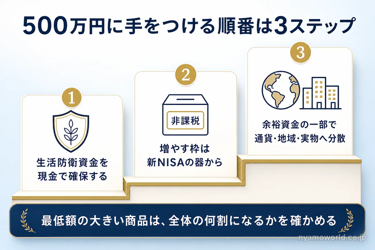 500万円に手をつける順番の3ステップを示す図解