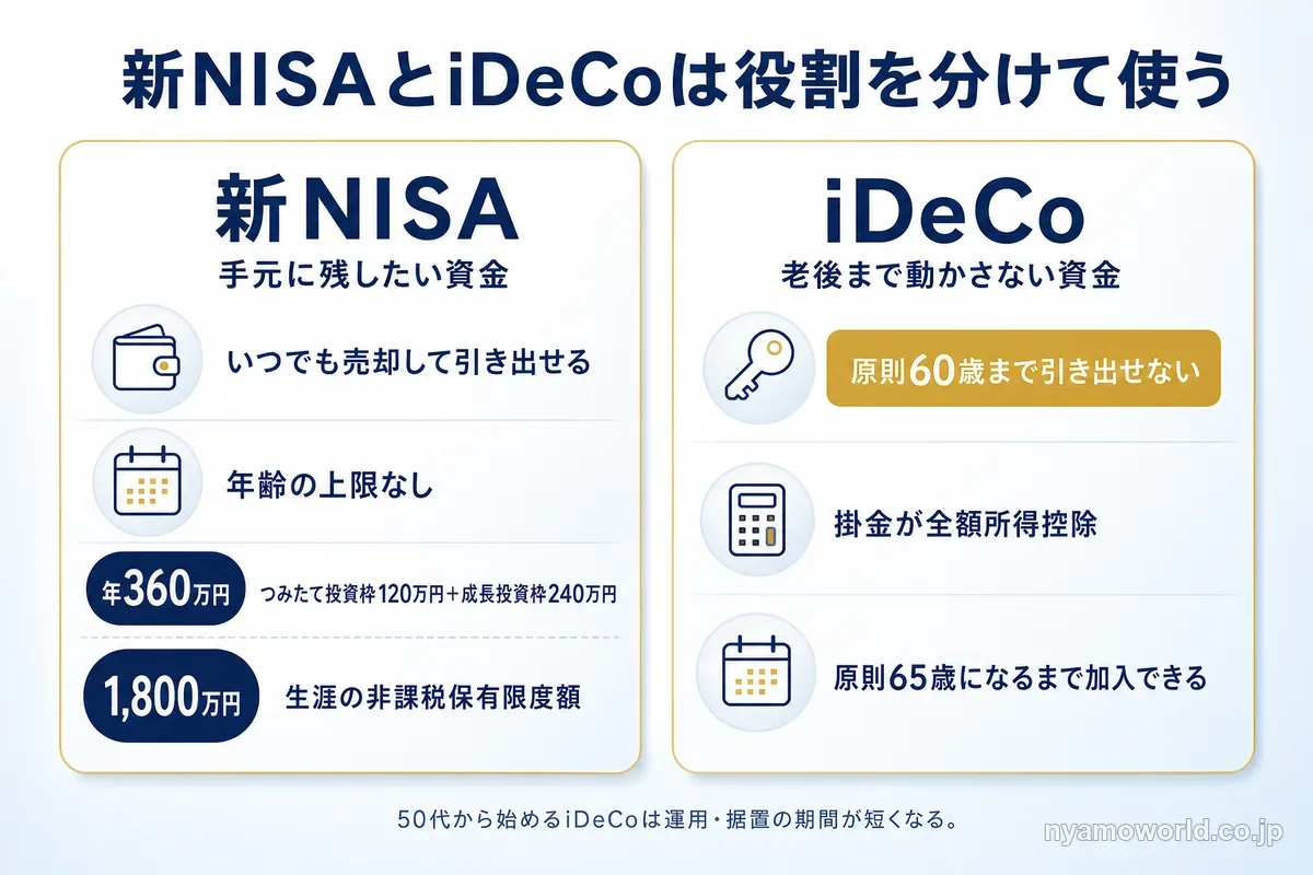 新NISAは手元に残したい資金、iDeCoは老後まで動かさない資金という役割分担を示す図解