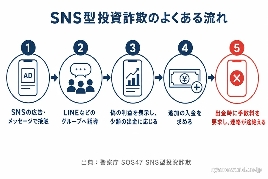 SNS型投資詐欺のよくある流れの図
