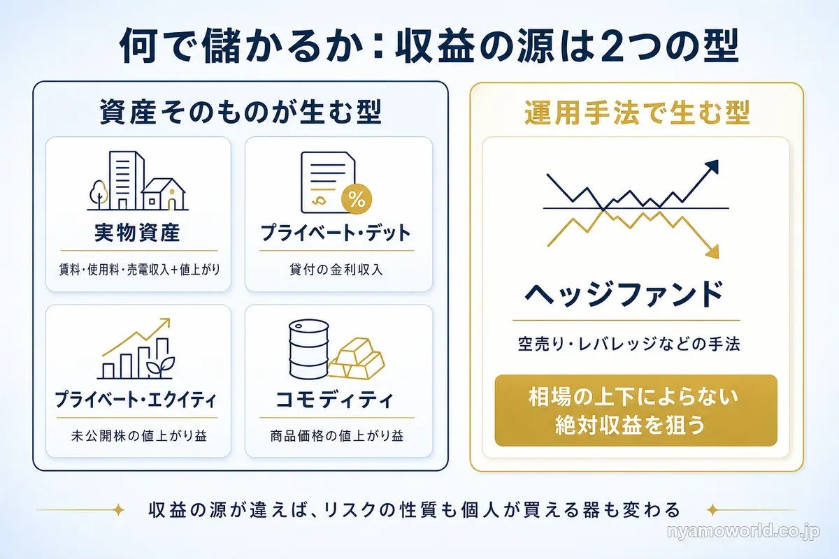 オルタナティブ投資の収益の源を、資産そのものが生む型(実物資産・プライベート・デット・プライベート・エクイティ・コモディティ)と運用手法で生む型(ヘッジファンド)に分けた図解