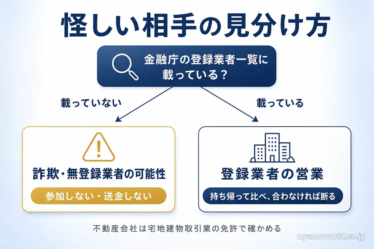 金融庁の登録業者一覧に載っているかで怪しい相手を見分けるフロー図