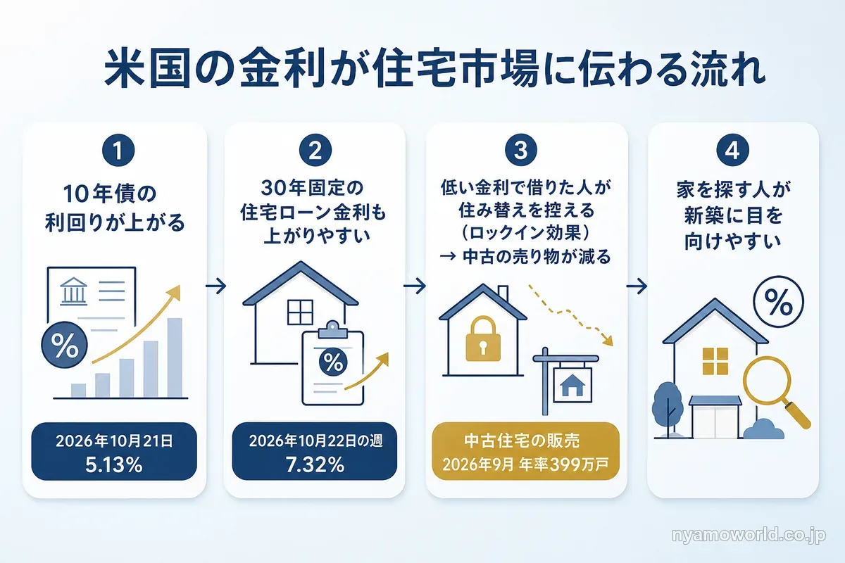 米国の金利が住宅ローン金利と住宅市場に伝わる流れ