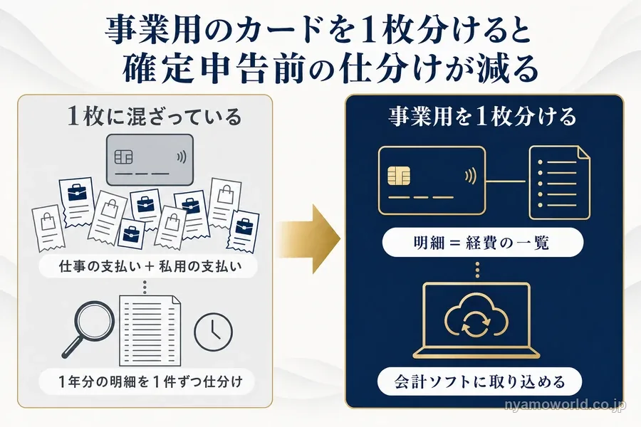 事業用のカードを1枚分けると、明細がそのまま経費の一覧になり会計ソフトに取り込めることを示す図