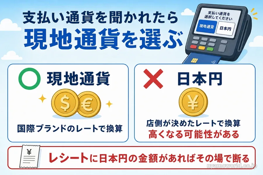 海外の店で支払い通貨を聞かれたら日本円ではなく現地通貨を選ぶ理由の図