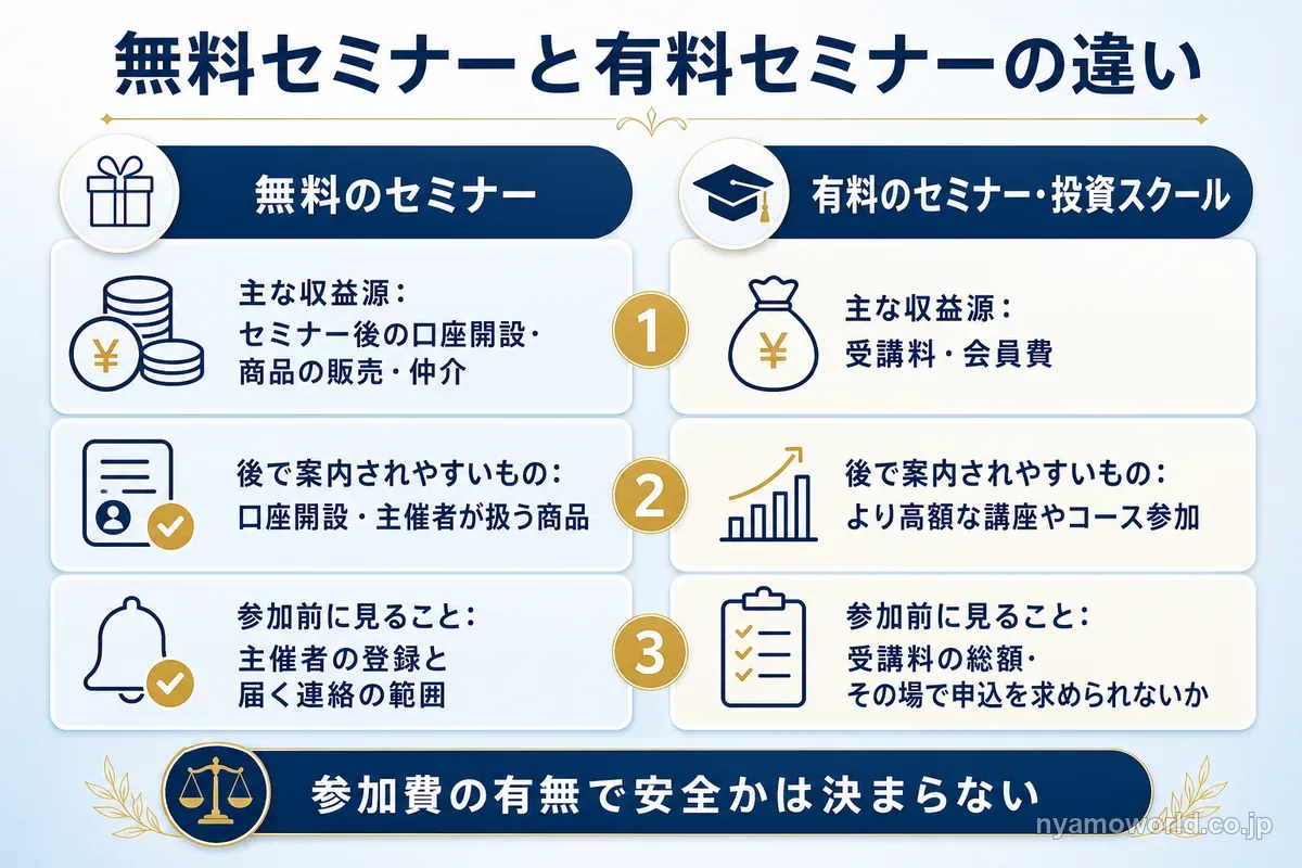 無料セミナーと有料セミナーの収益源と参加前に見ることの違い