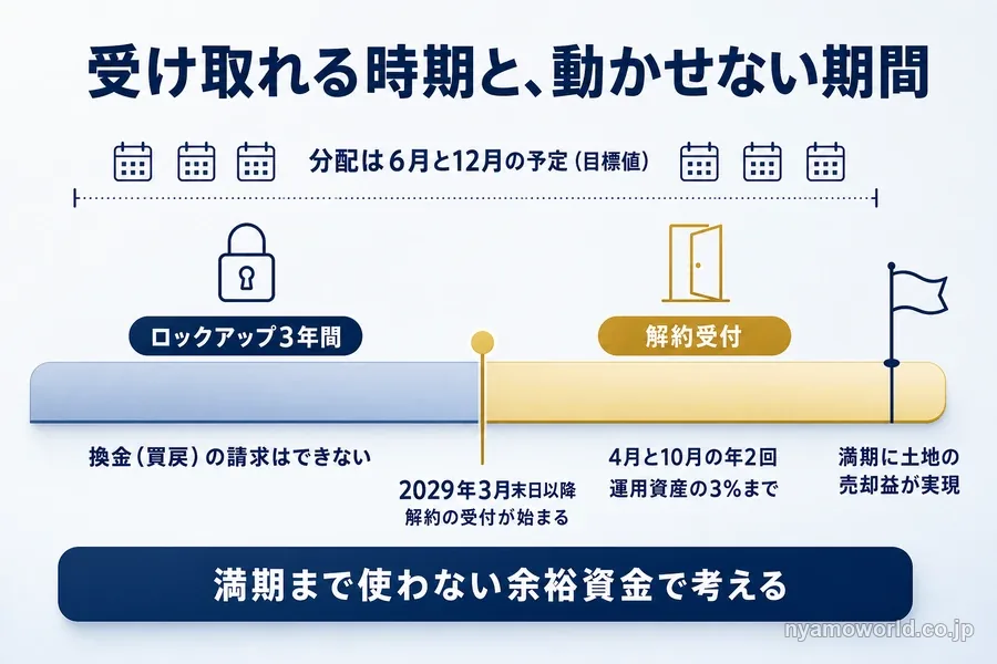 ロックアップ3年間と2029年3月末日以降の解約受付、分配の時期を示した図解
