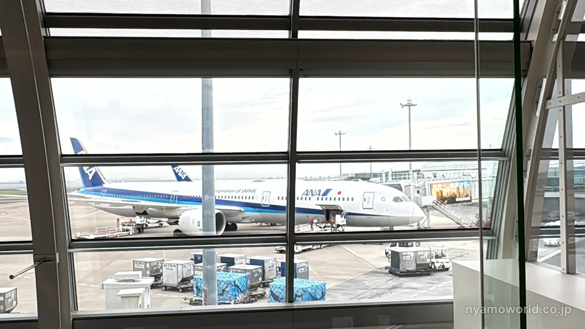 羽田空港第2ターミナルの窓から見たANA機