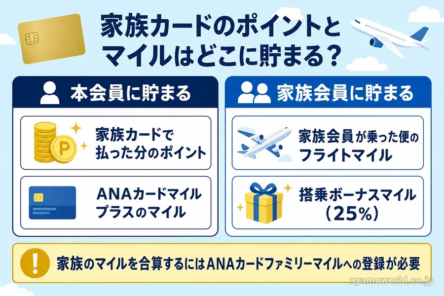 家族カードのポイントは本会員に、搭乗のマイルは家族会員に貯まる図