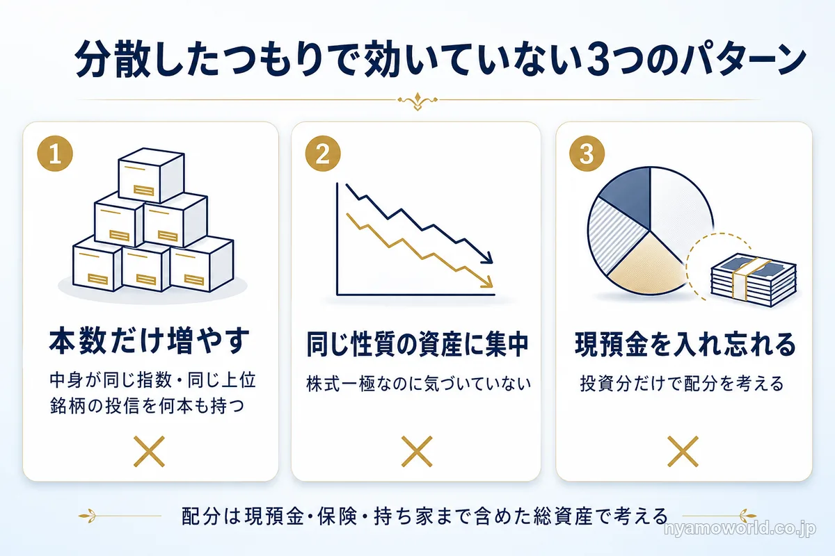 分散したつもりで効いていない3つのパターンを示した図解