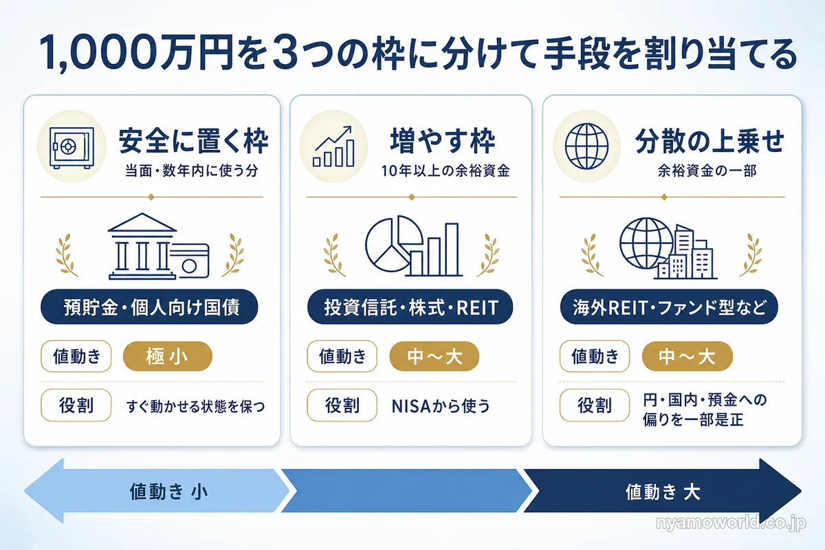 1,000万円を安全に置く枠・増やす枠・分散の上乗せの3つに分け、向く手段と値動きの大きさを並べた図解